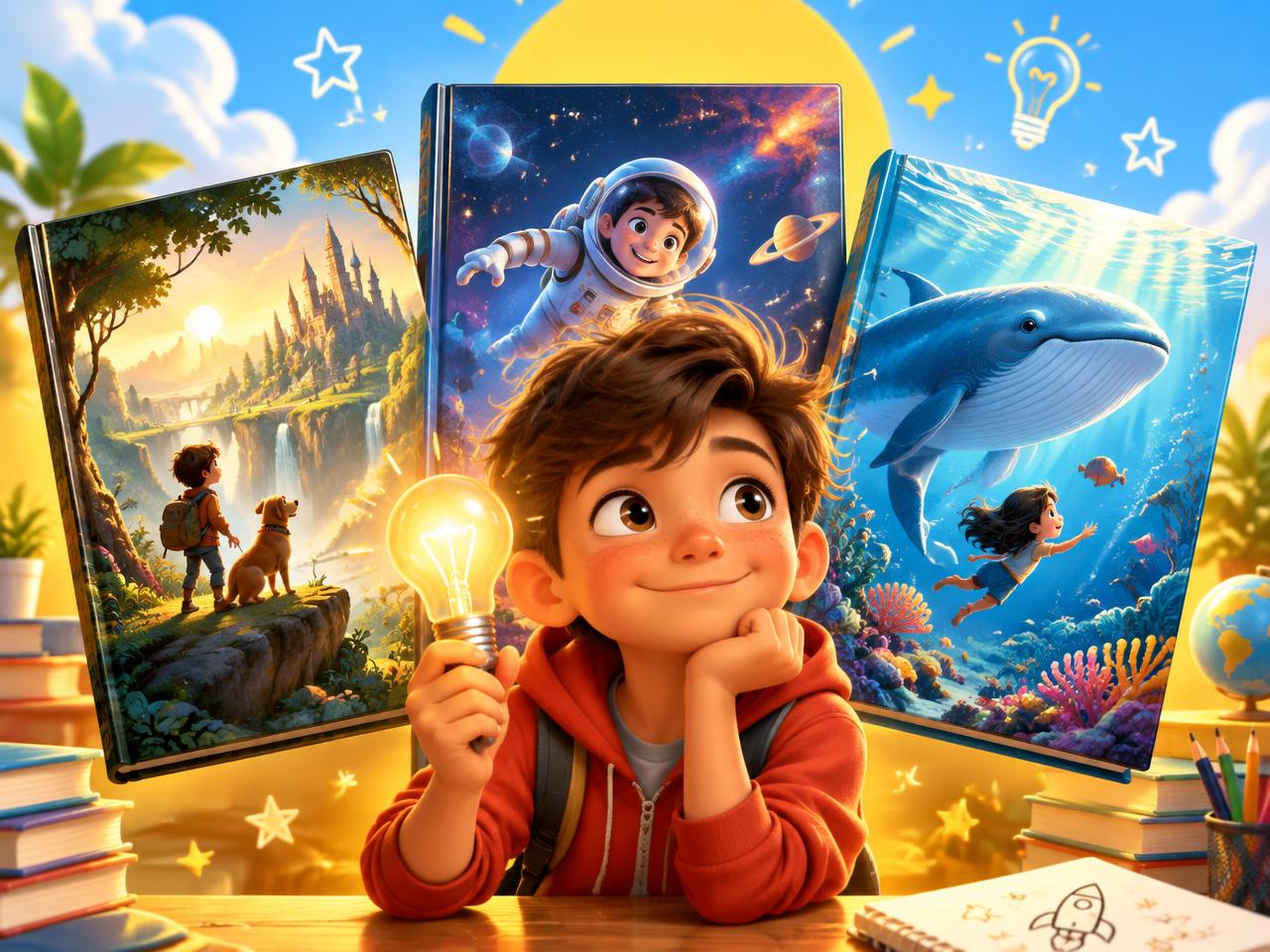 Three Bright Minds books fanned out with a smiling curious kid holding a lightbulb